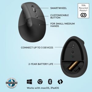 Logitech Lift Vertical Ergonomic Wireless and Bluetooth Mouse
