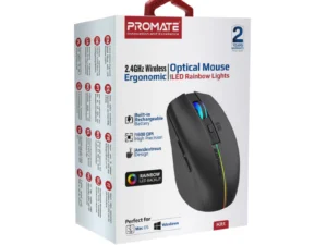 Promate 2.4GHz Wireless Ergonomic Optical Mouse with LED Rainbow Lights