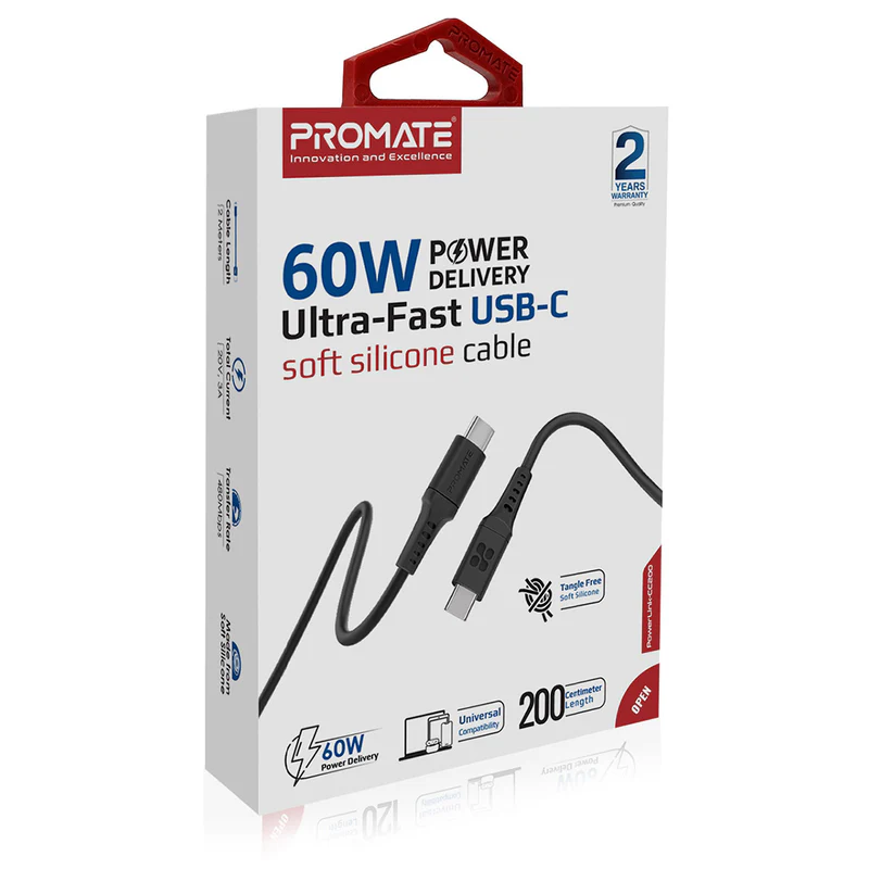 Promate 60W PD USB-C to USB-C Cable