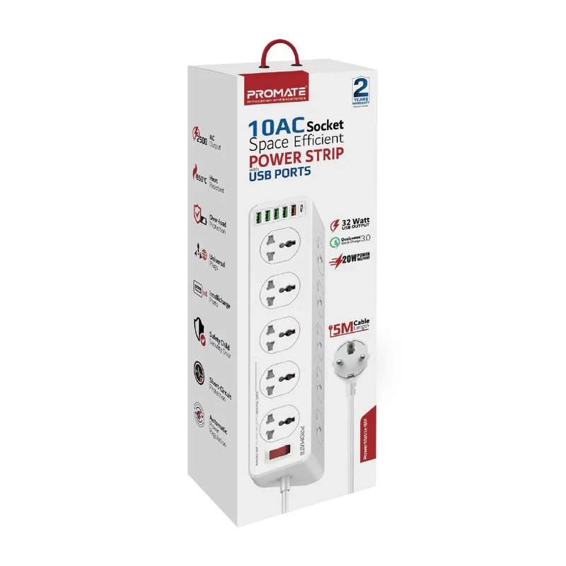 Promate 10AC Socket Space Efficient Power Strip