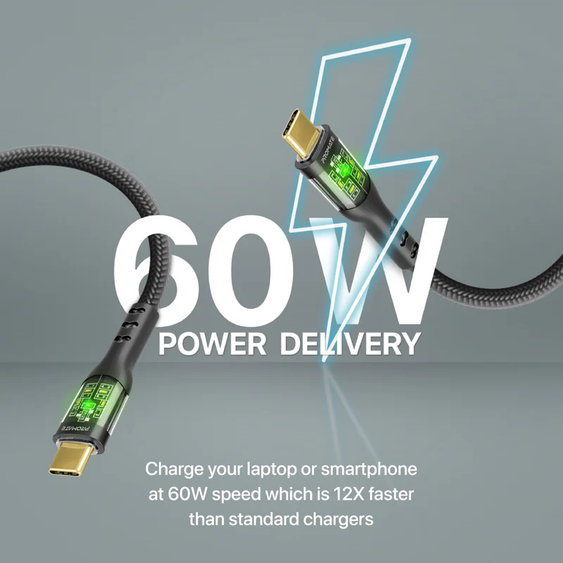Promate 60W USB-C Transparent Cable
