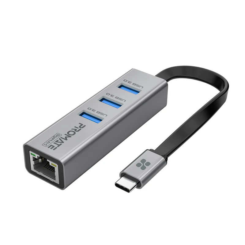 Promate USB-C Hub with 3 USB 3.0 Ports & 1000Mbps LAN Port