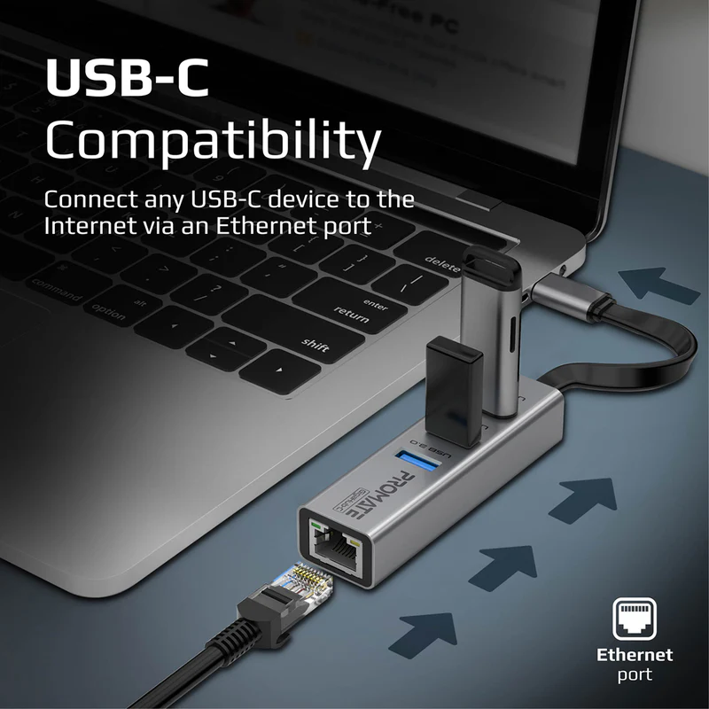 Promate USB-C Hub with 3 USB 3.0 Ports & 1000Mbps LAN Port