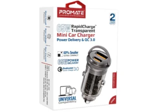 Promate Transparent Quick Charging Dual Port Mini Car Charger