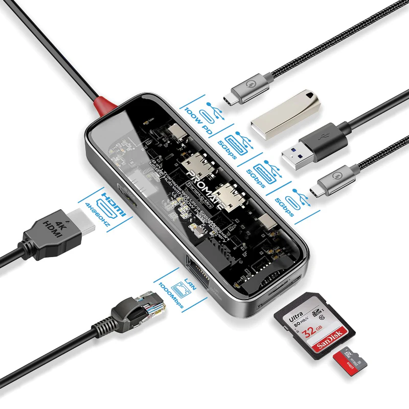 Promate 8-in-1 Transparent Ultra-Fast Multiport USB-C Hub