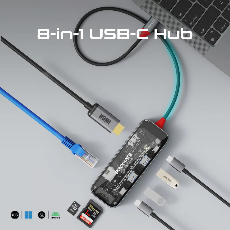 Promate 8-in-1 Transparent Ultra-Fast Multiport USB-C Hub