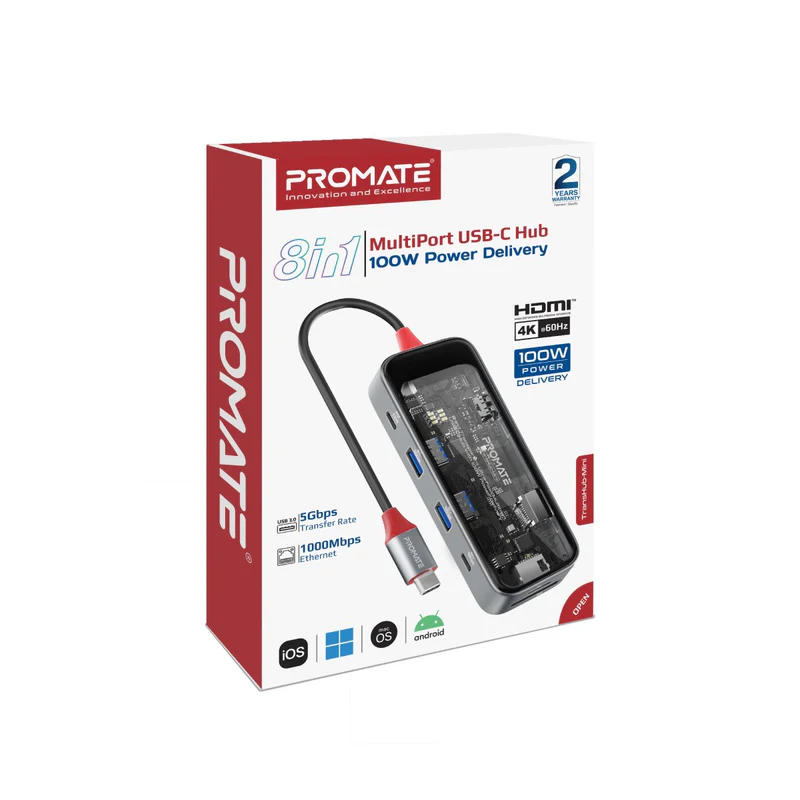Promate 8-in-1 Transparent Ultra-Fast Multiport USB-C Hub