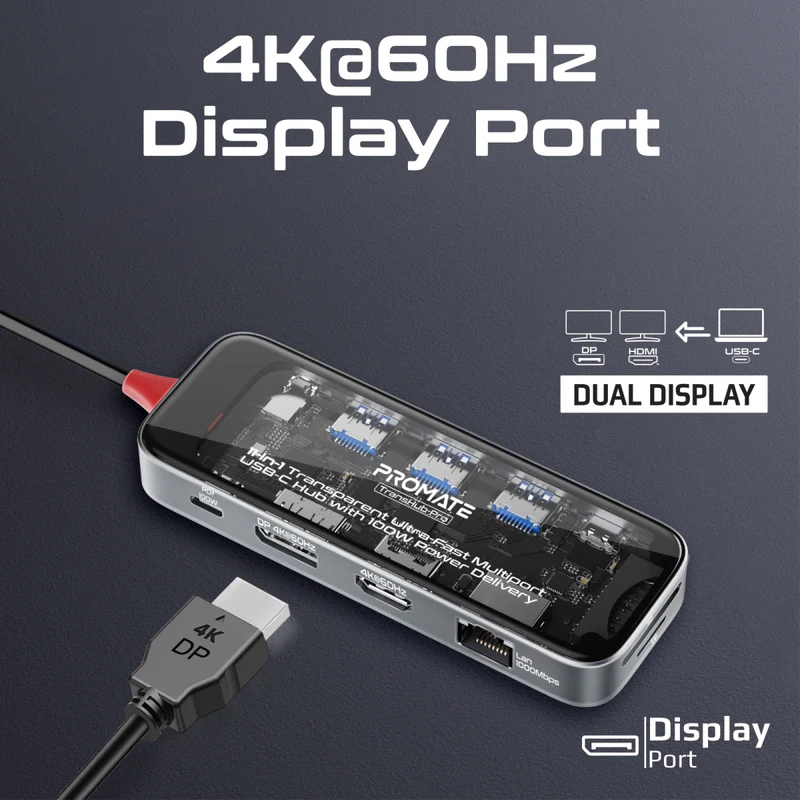 Promate 11-in-1 Transparent Ultra-Fast Multi-Port USB-C Hub