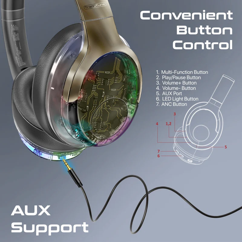 Promate ANC Hi-Fi Stereo Wireless Headphones with RGB Lights